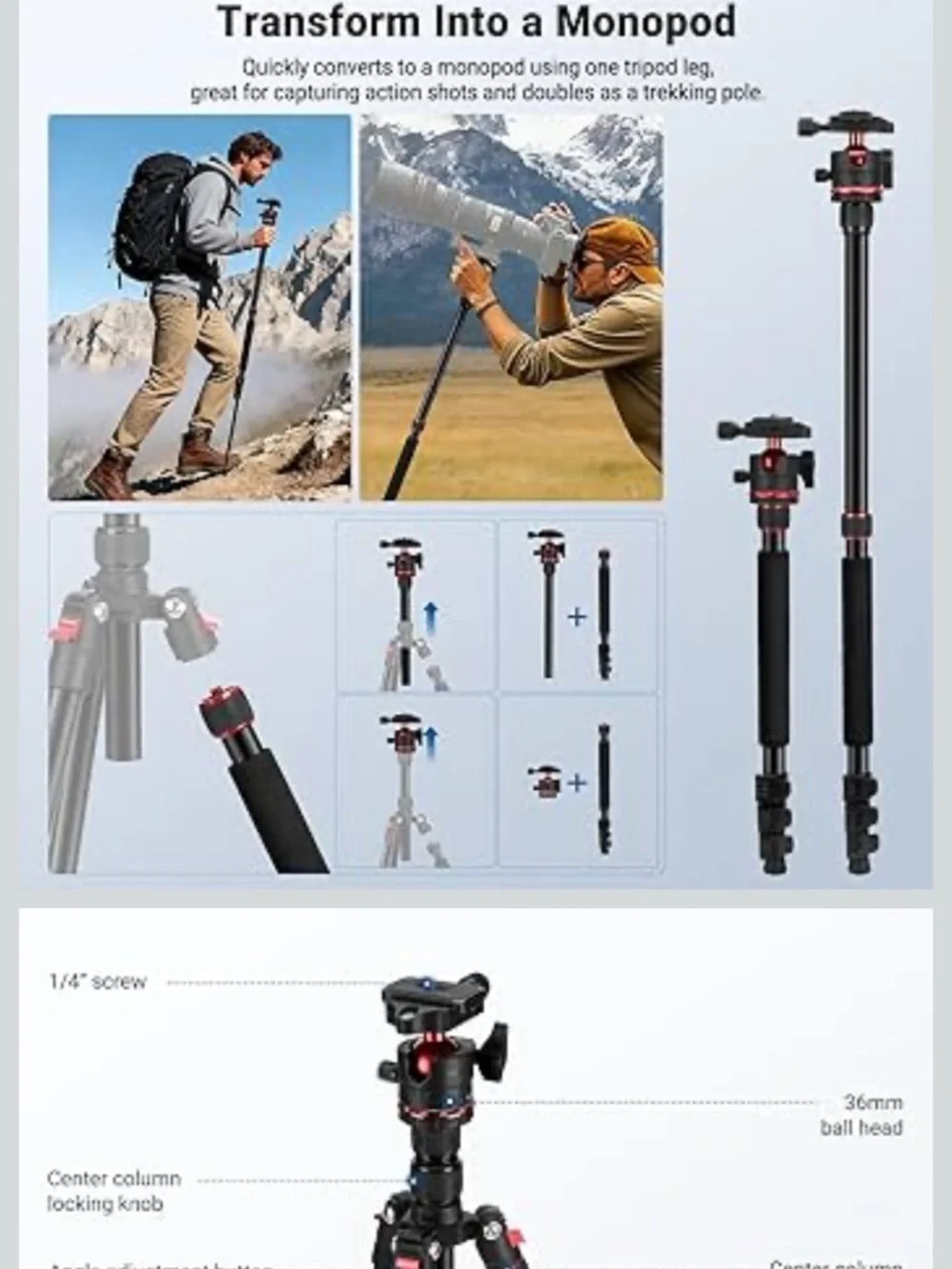Neewer Black & Red Camera Tripod with Monopod Conversion